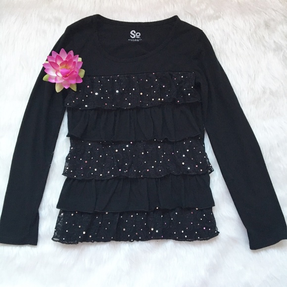 SO Other - SO Black Sequined Ruffle Long Sleeve Top S. 10/12